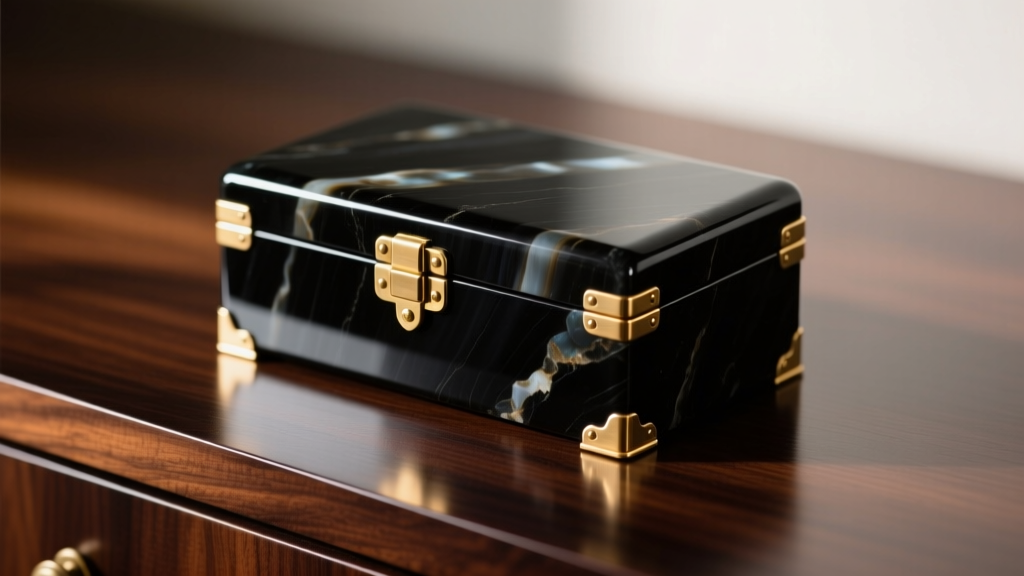 Close-up of a polished black onyx jewelry box with brass hinges on a dark mahogany dresser, illuminated by soft warm light.