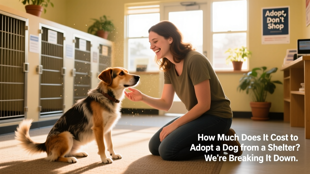 A joyful person meeting a friendly shelter dog for the first time in an adoption center