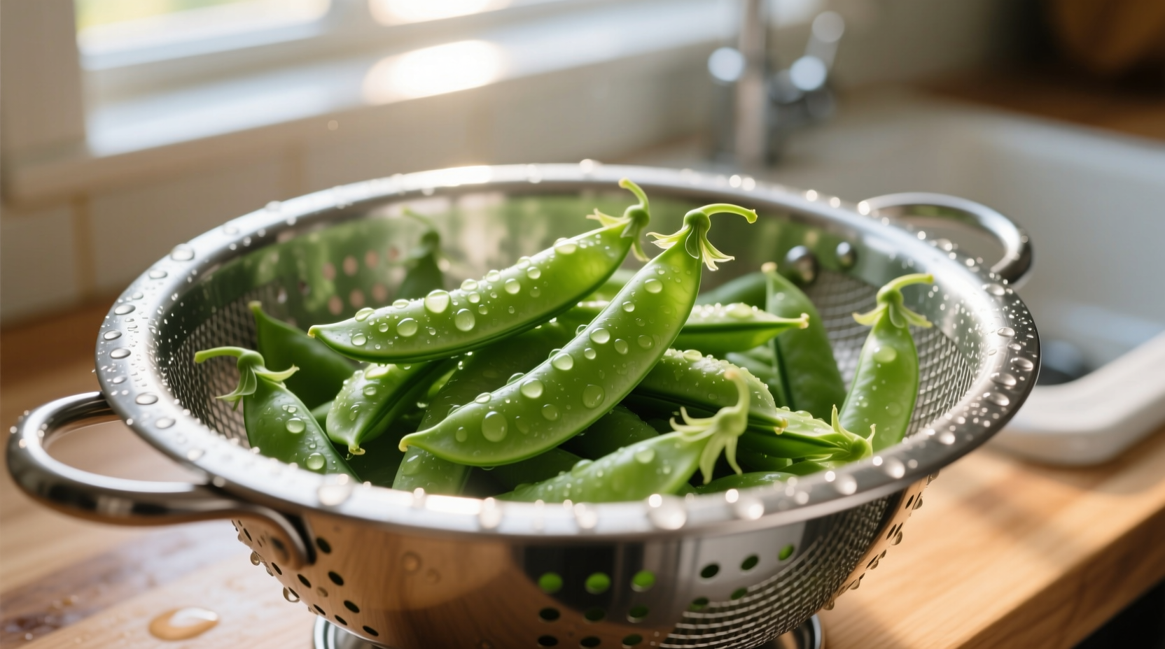 Fresh snow peas in a colander with water droplets