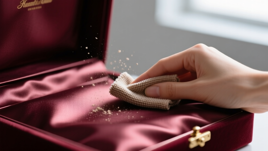 Microfiber cloth wiping the silk lining of a luxury jewelry box, highlighting pristine fabric texture and careful maintenance.