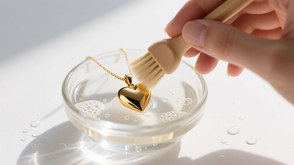 Hands gently brushing a gold vermeil heart pendant with a soft baby hairbrush and mild soapy water in a small clear glass bowl.