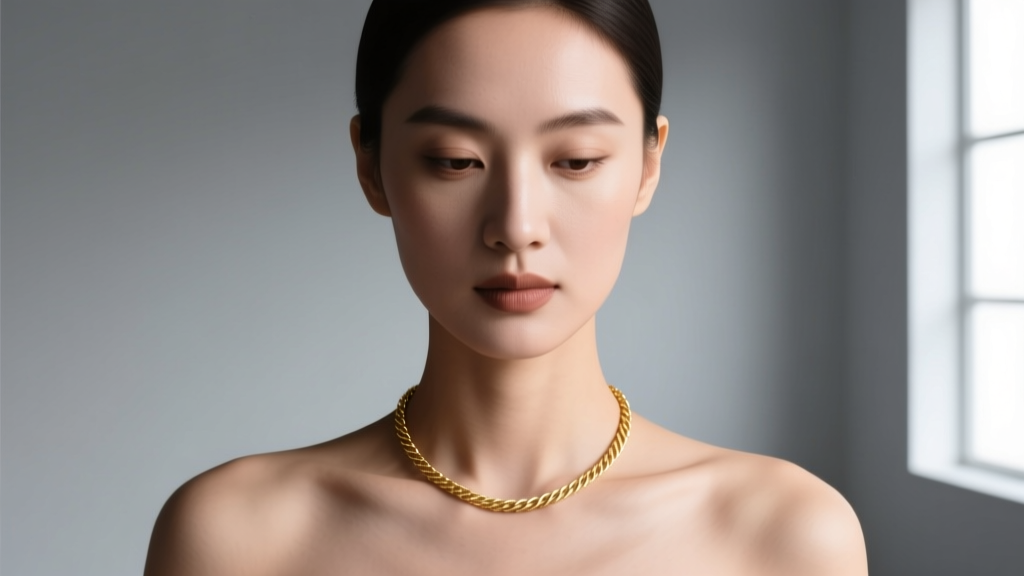 Editorial portrait of a woman with necklace on suprasternal notch, 1.5mm 18k gold cable chain under soft studio lighting
