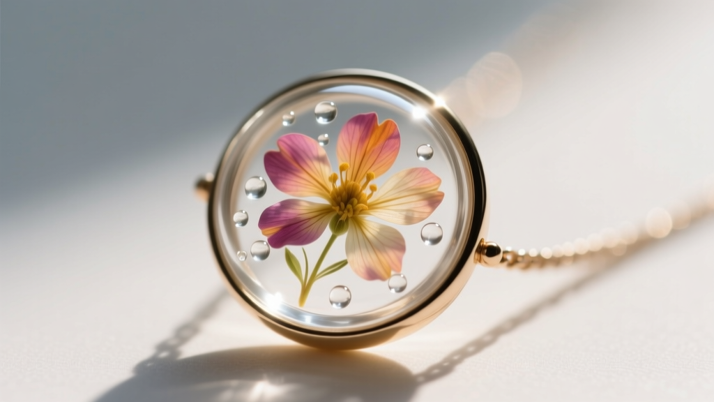 Close-up of a glass bezel pressed flower necklace showing a tiny moisture condensation trap under the clear glass cover