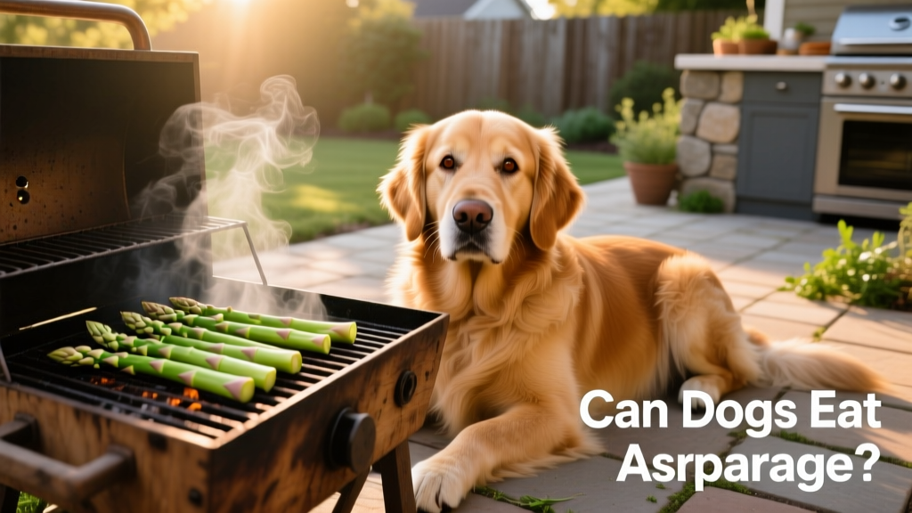 Golden retriever resting near a grill with plain cooked asparagus spears