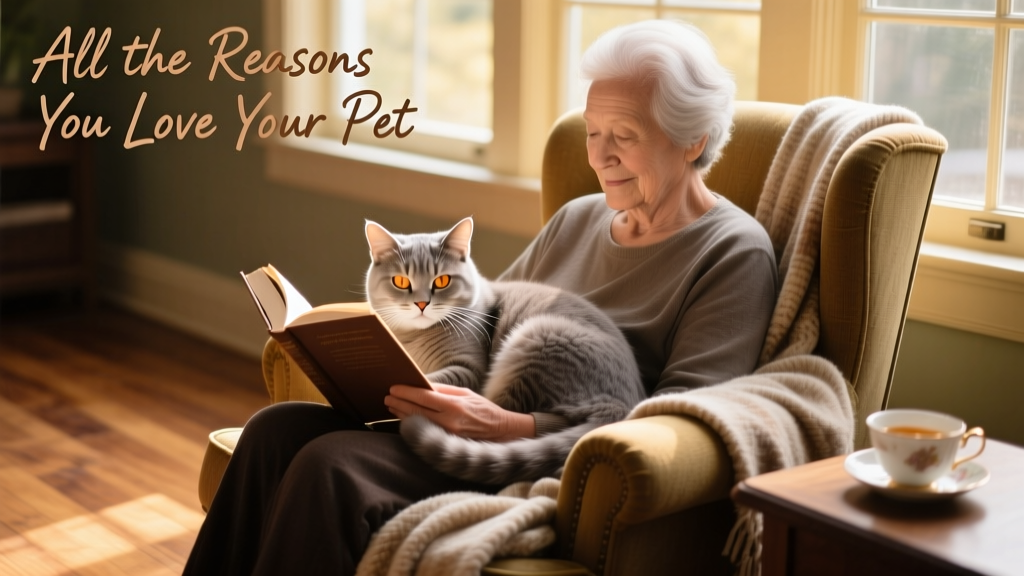 A calm senior cat curled up peacefully on a person's lap while they read a book