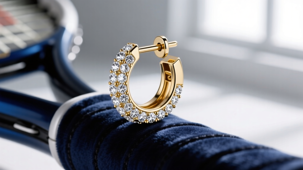 Macro shot of 18k white gold pavé diamond huggie earring with hidden locking clicker clasp on a velvet tennis racket grip