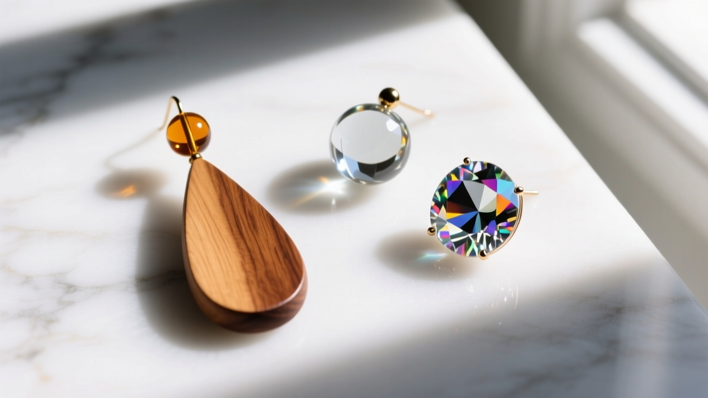Flat lay of three beaded drop earrings on white marble, showing a long wooden teardrop, a round glass bead, and a faceted gemstone