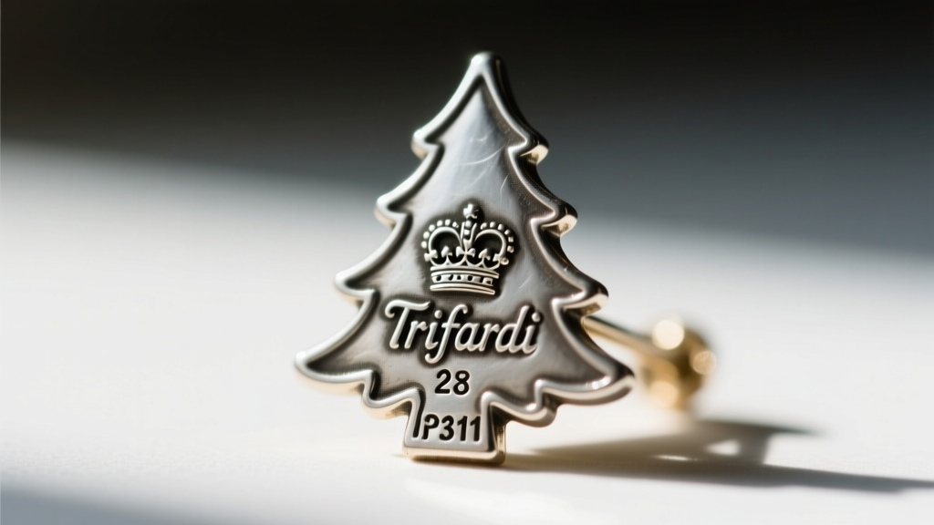 Close-up of the back of a vintage Trifari Christmas tree pin showing a patent number and crown hallmark stamped on the base metal