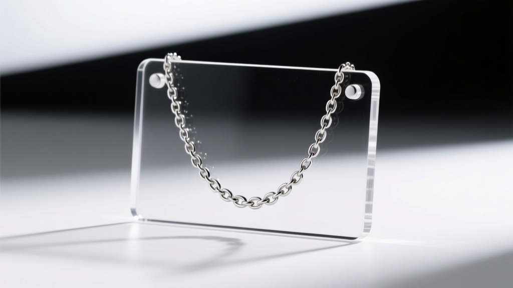 A clear 3mm cast acrylic necklace card holding a delicate silver chain, illuminated by soft studio lighting to show edge clarity.