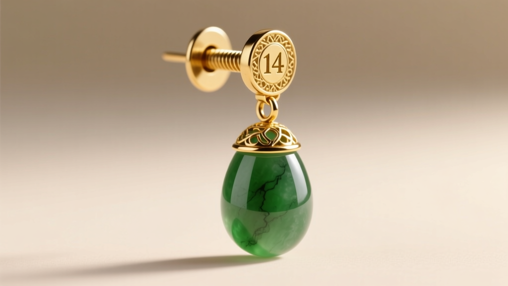 Macro shot of a vintage screw-back clasp on a jade drop earring, revealing the worn 14k gold hallmark and intricate metalwork