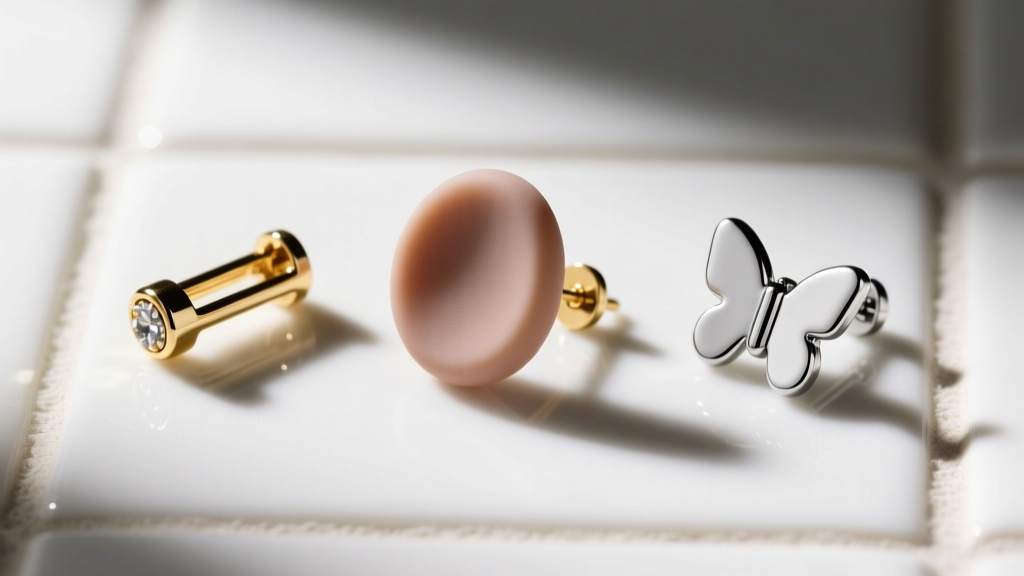 Overhead view of a silicone earring back, a La Pousette locking clutch, and a standard butterfly friction back on ceramic.