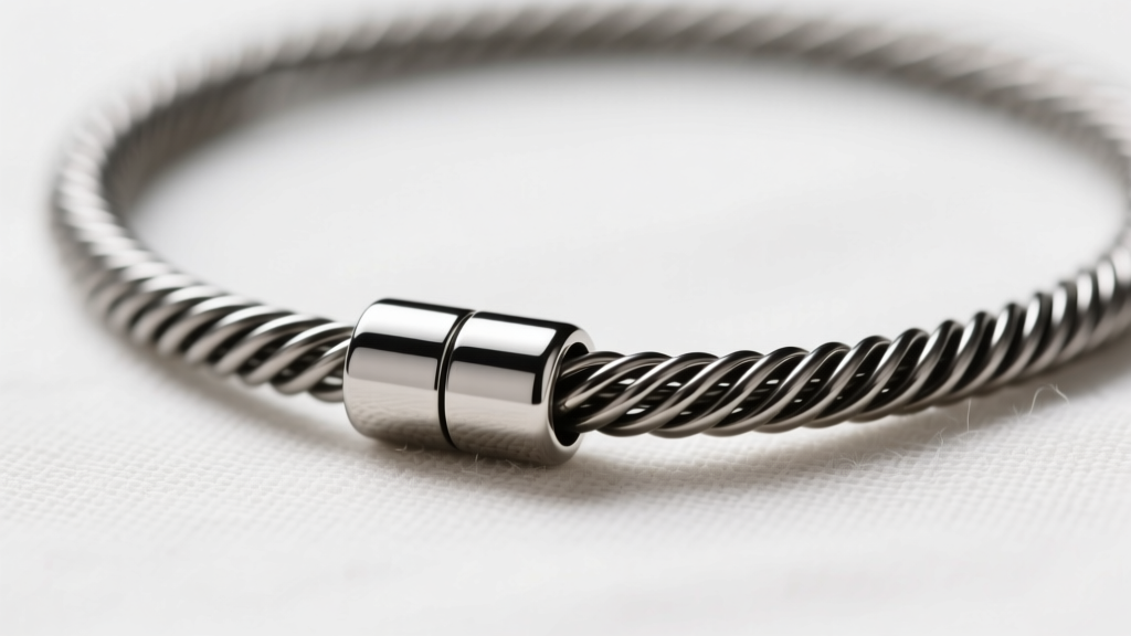 Macro shot of 16-gauge carbon steel memory wire necklace with magnetic barrel clasp, showing tempered metal finish on linen.