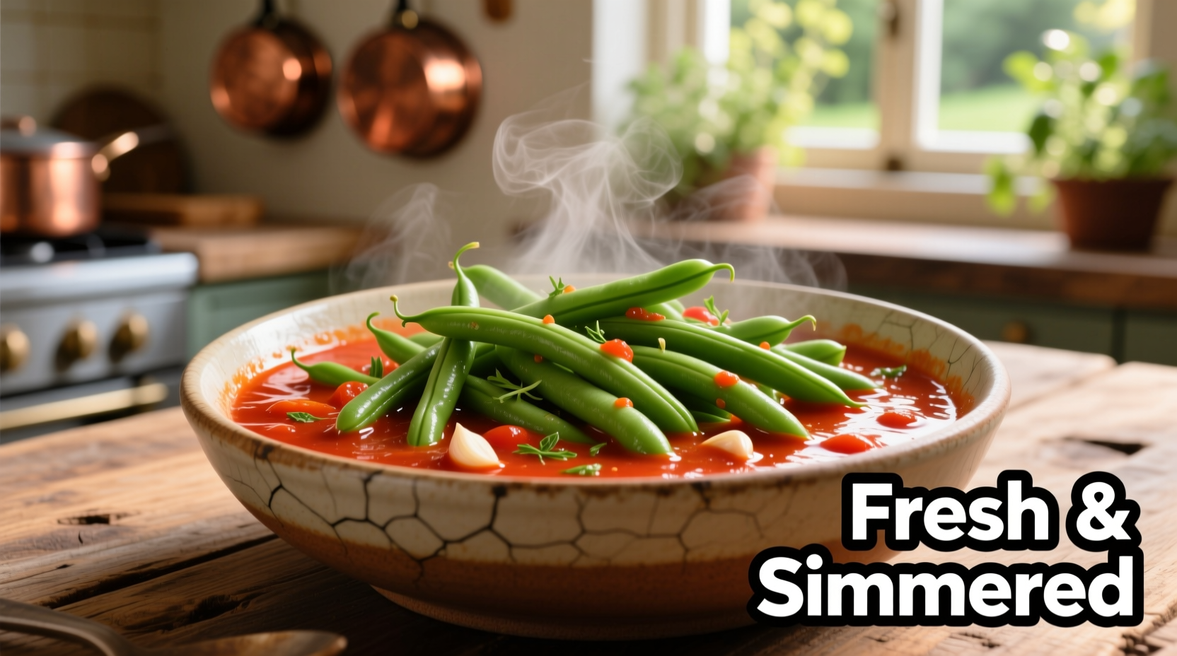 Fresh green beans simmering in vibrant tomato sauce