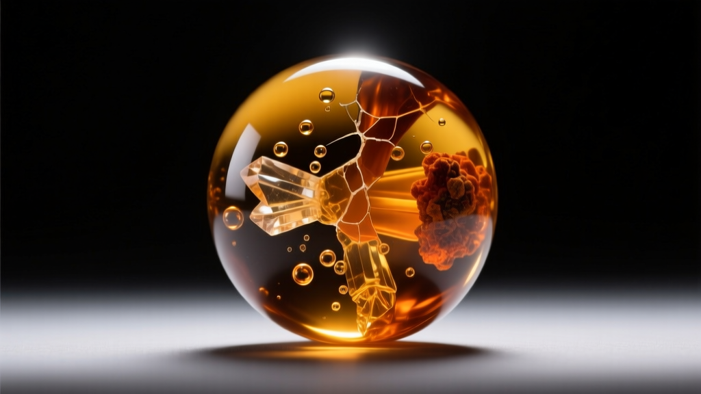 Extreme close-up of a polished cognac amber bead showing internal inclusions, illuminated by a harsh, cool-toned laboratory light.