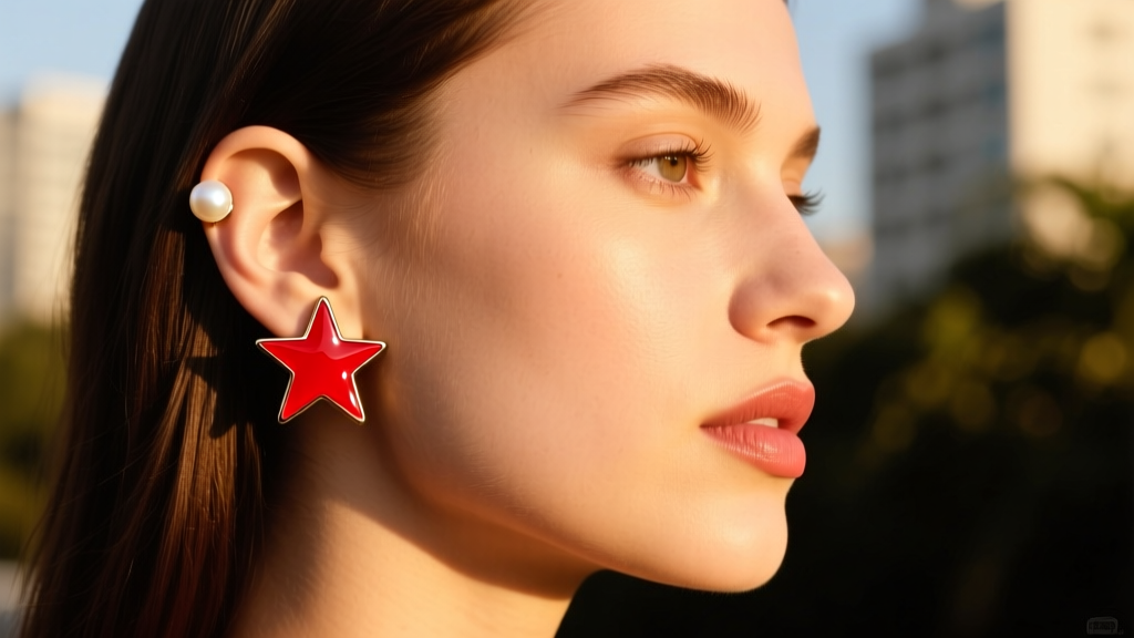 Side profile of woman wearing a red enameled star cartilage cuff and white pearl lobe stud in warm golden hour sunlight