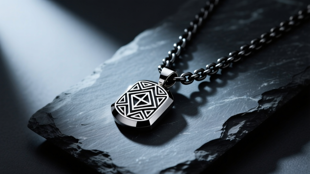 Masculine tungsten carbide pendant on a thick black titanium chain, resting on dark slate with moody, directional studio lighting.
