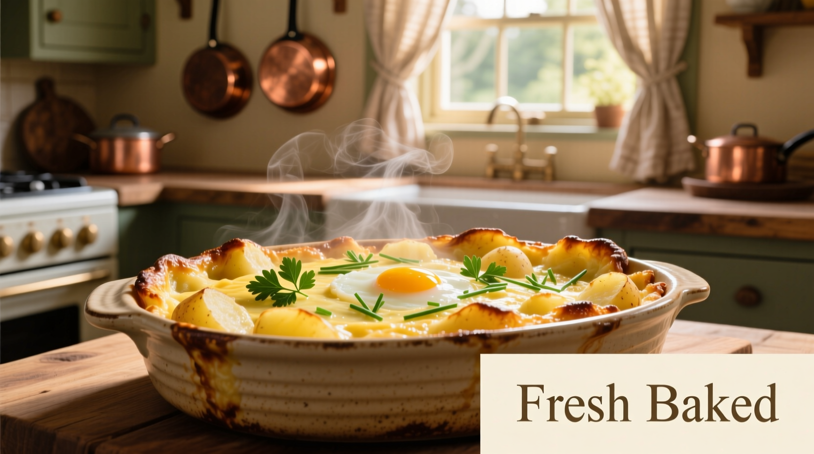 Golden potato and egg casserole fresh from oven