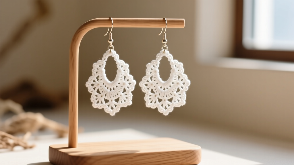 Close-up of delicate white mercerized cotton crochet dangle earrings hanging from a wooden display stand in soft natural sunlight.