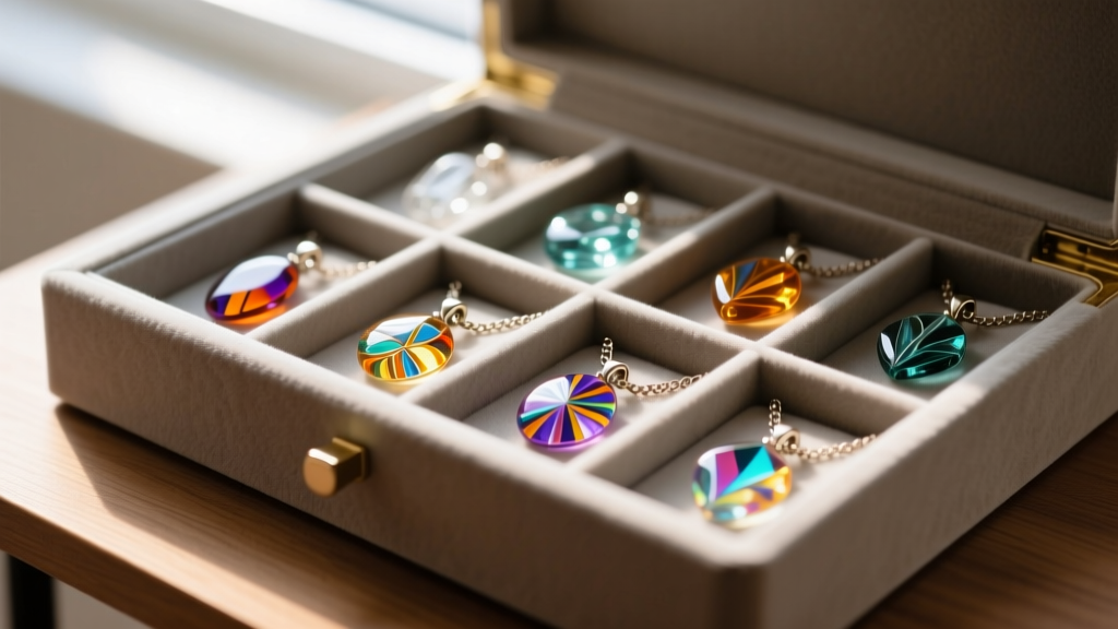 Velvet drawer showing individual compartments holding fused glass pendants necklace pieces safely separated from metal chains.