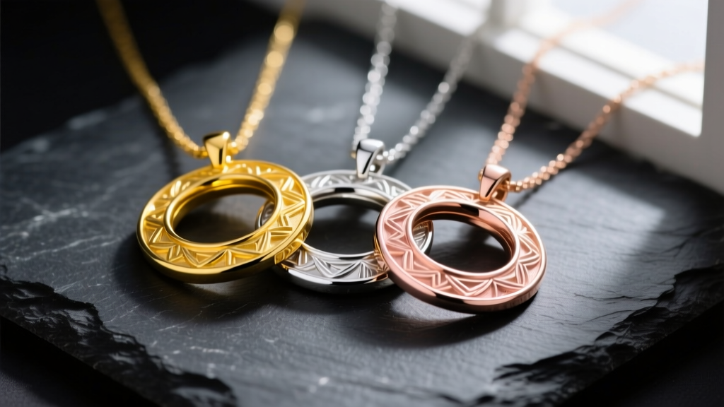Three overlapping necklace circle charms in yellow gold, sterling silver, and rose gold resting on a dark textured slate surface.