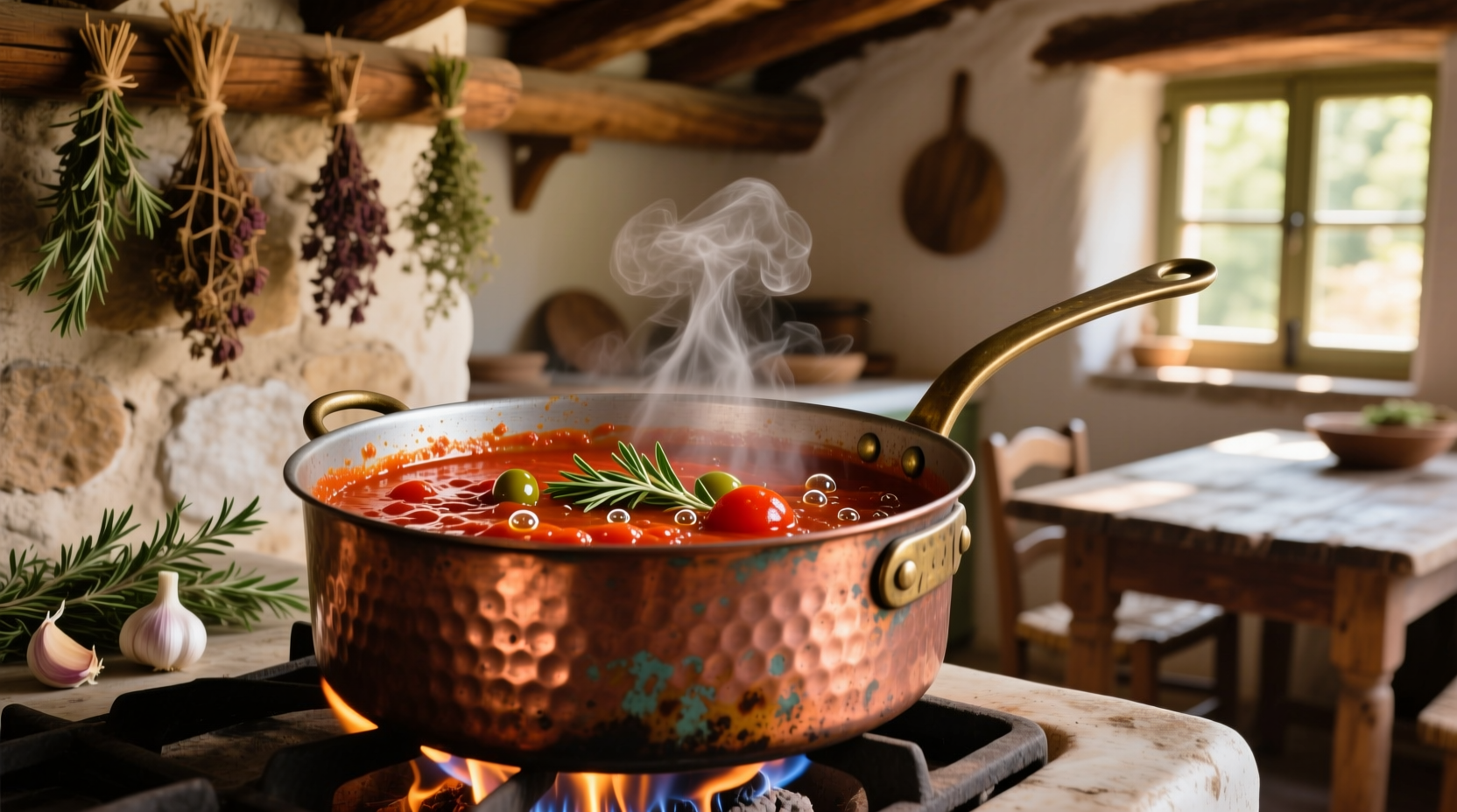 Traditional Greek tomato sauce simmering in copper pot