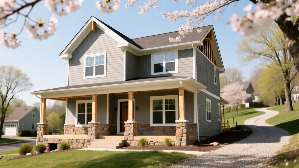 Modern two-story craftsman house with fiber cement siding and stone accents under construction on a gently sloping Pittsburgh lot in spring