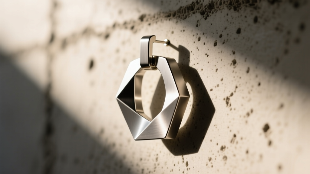 Minimalist architectural stirrup earring in brushed titanium with clean lines against raw concrete in bright daylight.
