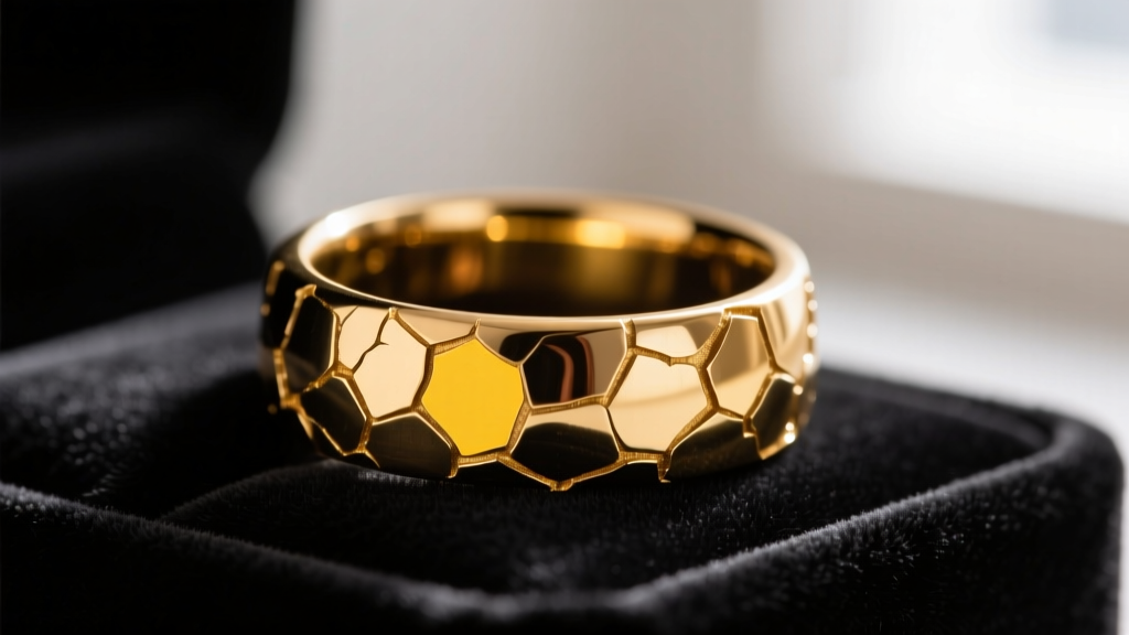 Macro shot of a brass fashion ring with peeling gold electroplating, revealing the yellowish base metal underneath on dark velvet