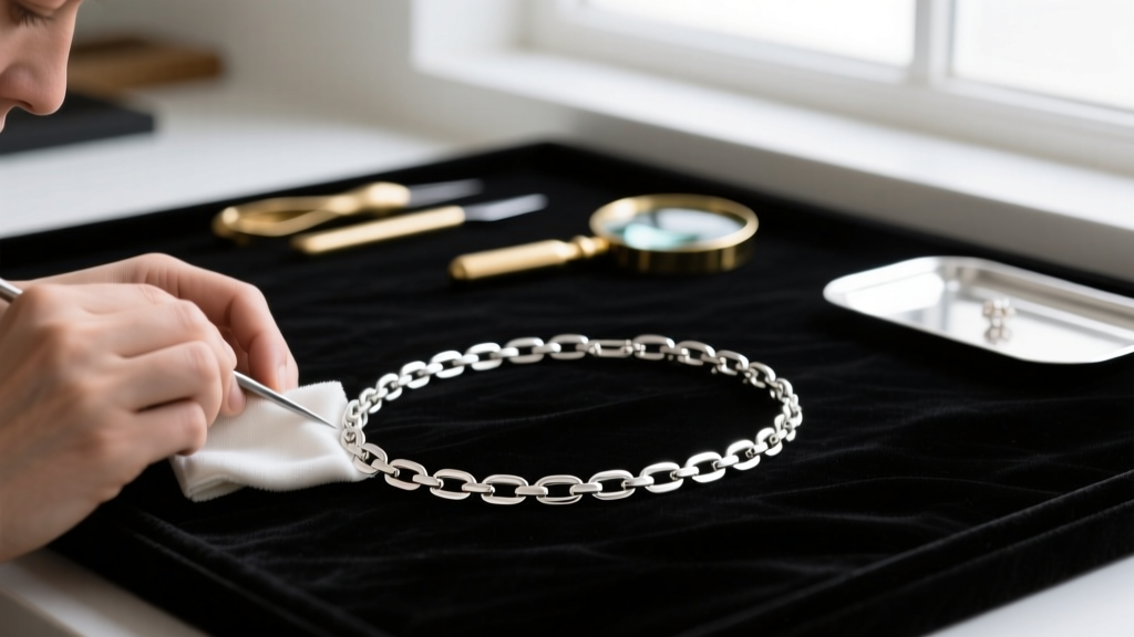 Jeweler polishing rhodium links of a white gold paperclip necklace with a soft cloth on a dark velvet workbench in a jewelry shop.
