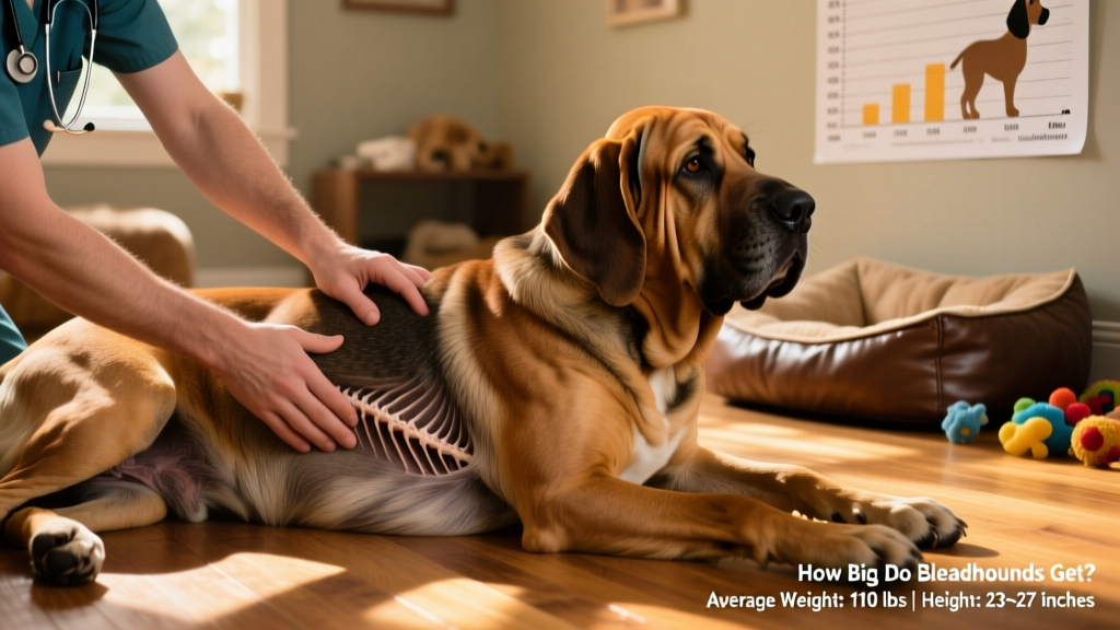 Close-up of hands gently feeling a Bloodhound's ribcage and waistline to assess body condition score