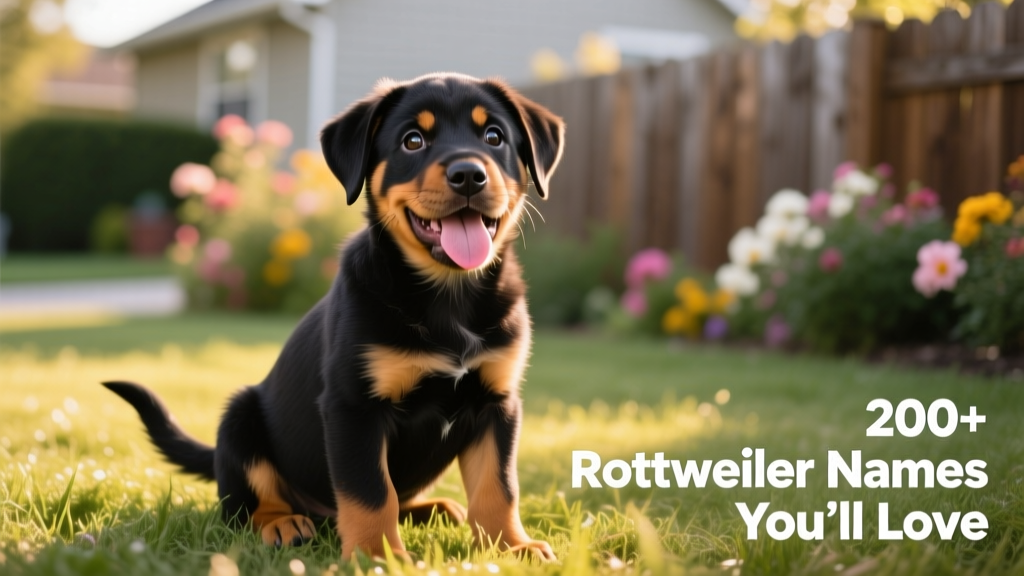 A joyful Rottweiler puppy sitting on grass, tongue out and tail wagging