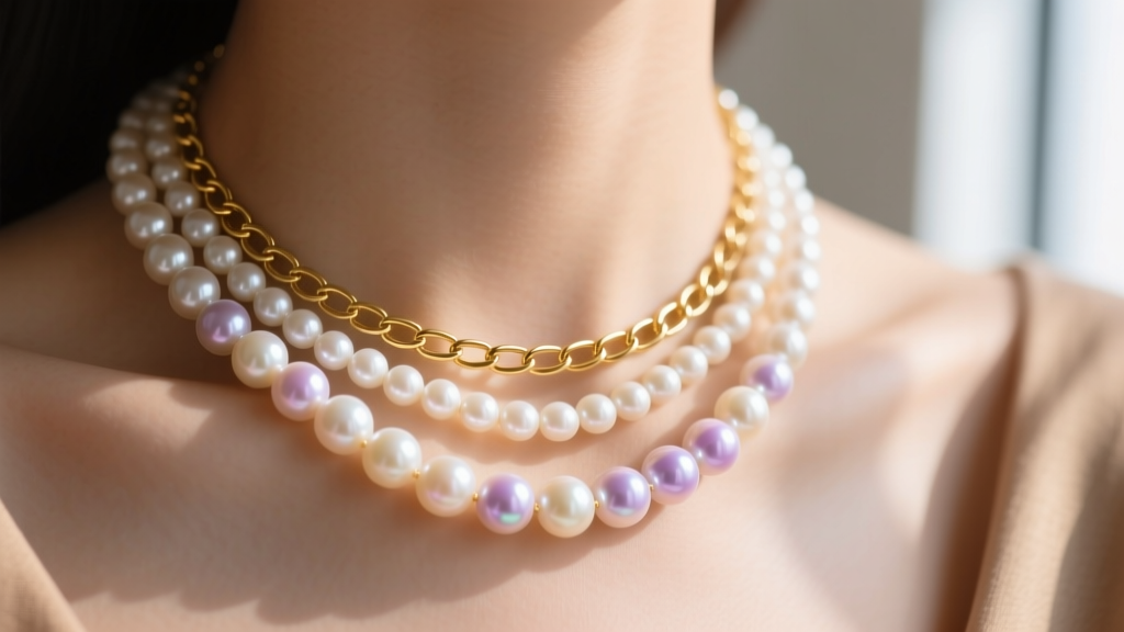 Close-up of an 18-inch freshwater rice pearl necklace layered with a 14k gold chain on a collarbone, under soft natural lighting