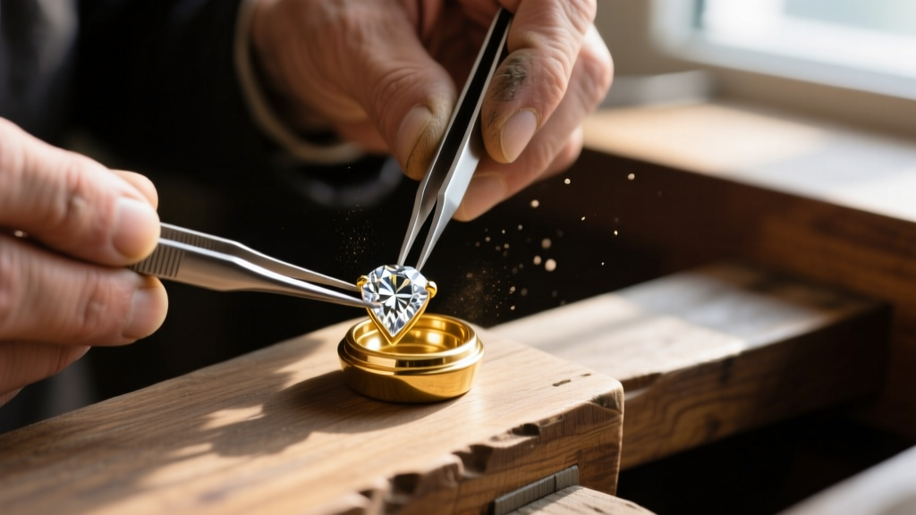 Close-up of a master jeweler using tweezers to place a brilliant diamond into an 18k gold bezel setting on a wooden workbench