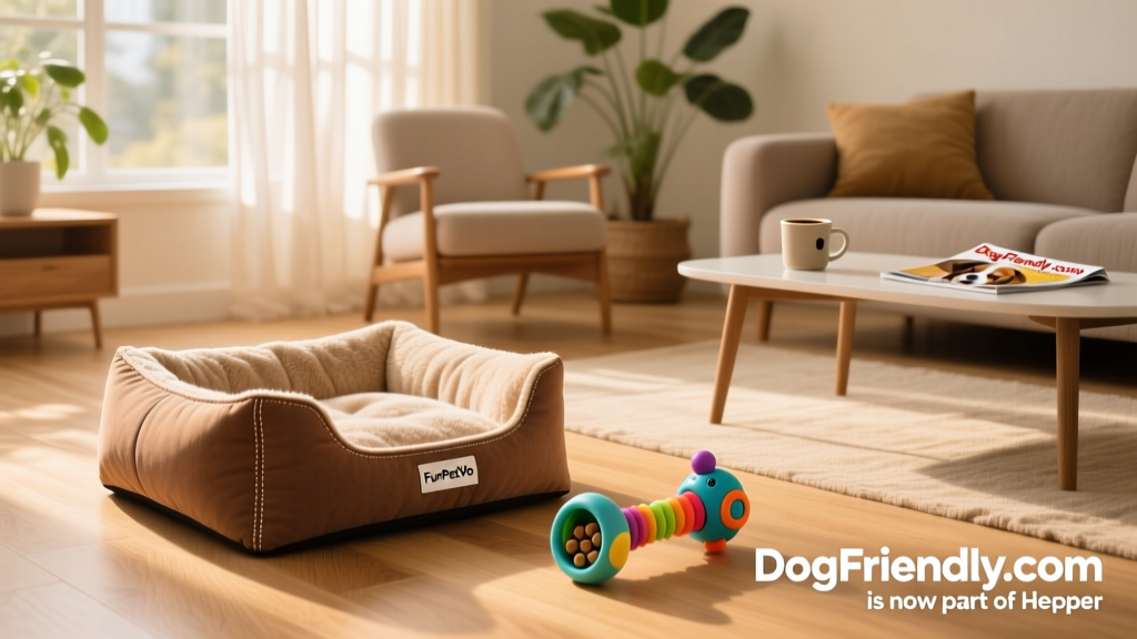 Stylish FurPetVo dog bed and interactive toy displayed in a sunlit living room