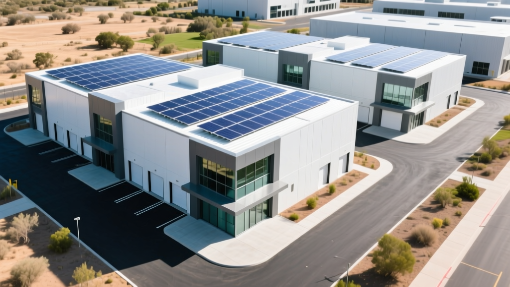 Aerial view of a newly constructed multi-story climate-controlled self storage facility with solar panels on the roof and fresh asphalt paving