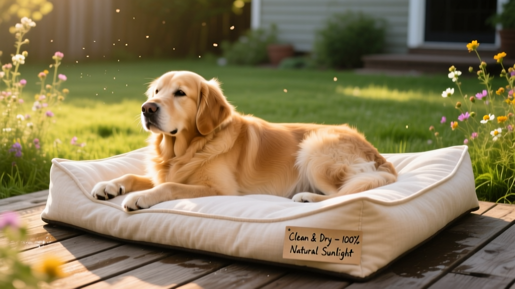 Dog resting peacefully on a freshly cleaned, sun-dried dog bed outdoors