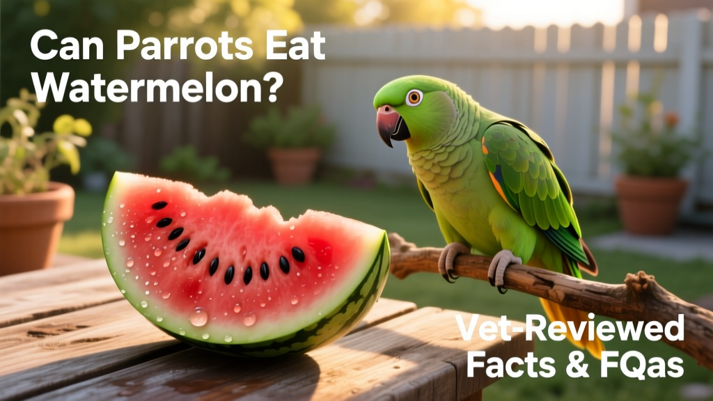 A vibrant red slice of watermelon with black seeds, placed beside a curious green parrot on a perch