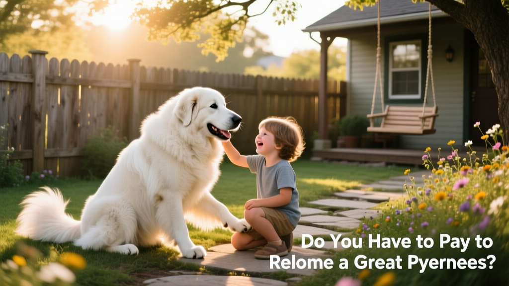 A happy Great Pyrenees playing gently with children in a fenced yard