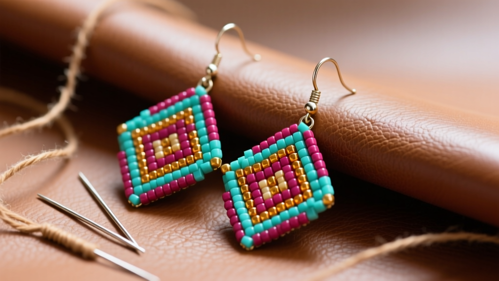 Vibrant geometric seed bead dangle earrings resting on soft smoked buckskin leather alongside beading needles and waxed thread.