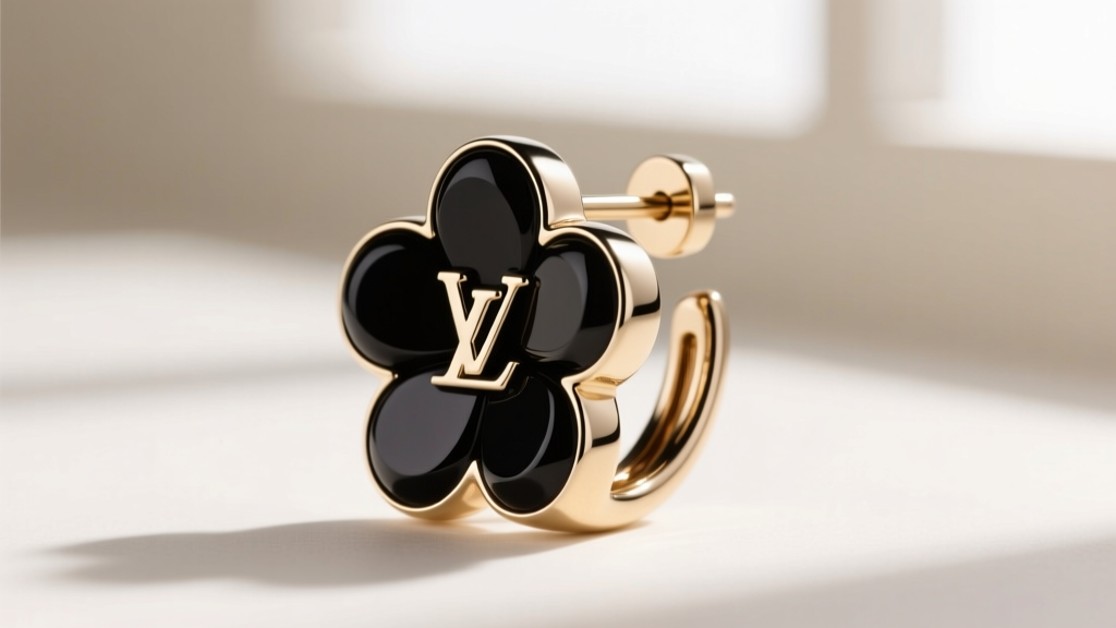 Side profile of an LV B Blossom earring highlighting the matte black onyx stone and reflective palladium-finished brass hardware