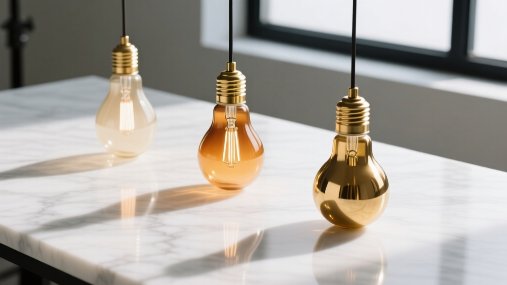 Flat lay of three light bulb pendants in varying gold shades arranged on a white marble surface with soft, diffused shadows.
