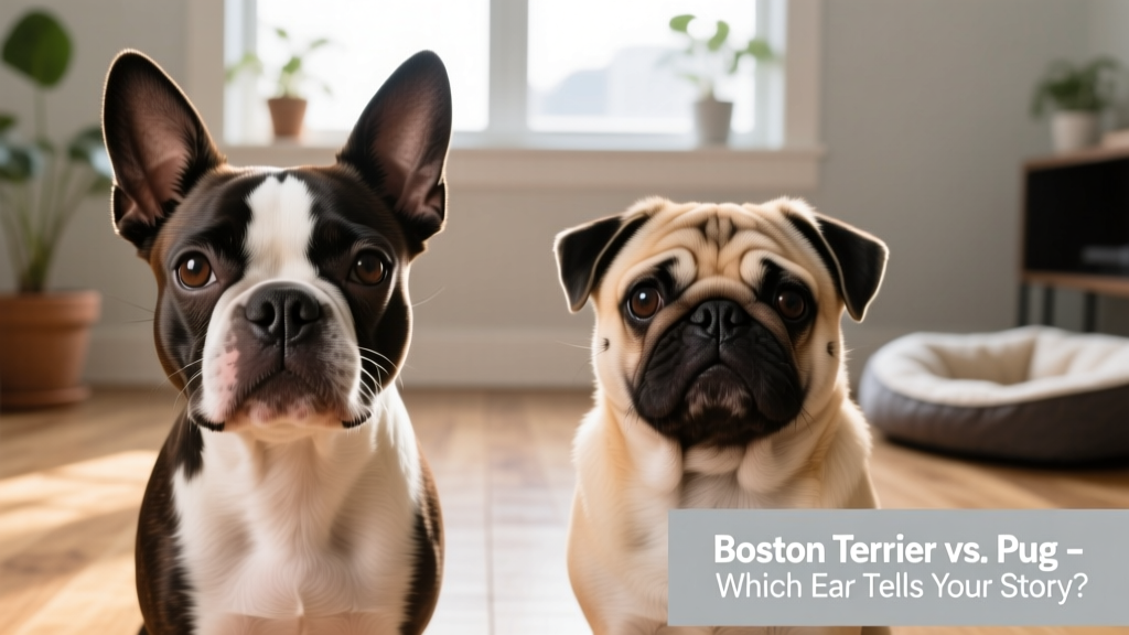 Close-up comparison highlighting ear shape: erect triangular ears of a Boston Terrier versus soft, floppy ears of a Pug