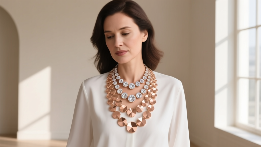 Woman wearing layered 16-inch and 18-inch diamond disc necklaces in rose gold, paired with a white blouse in natural daylight.