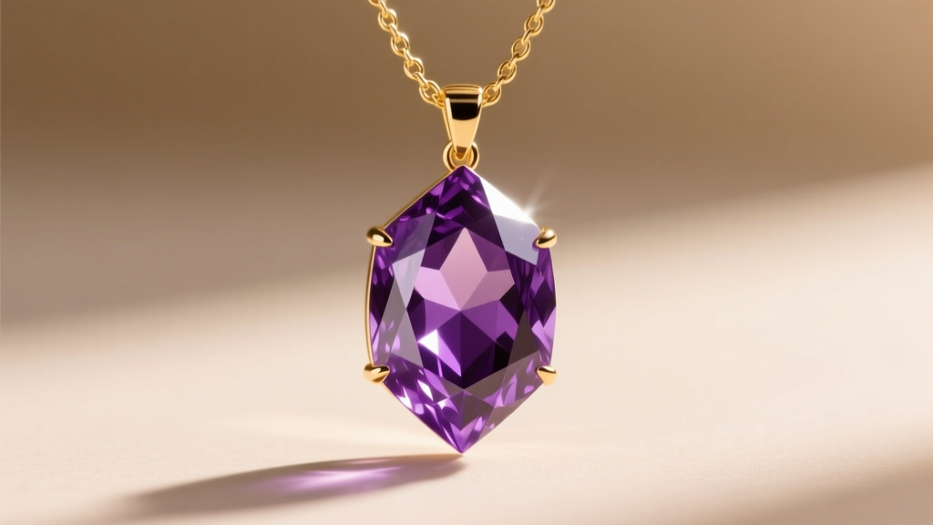 Macro shot of a faceted amethyst pendant on a gold chain showing sharp cuts and deep purple saturation in bright sunlight