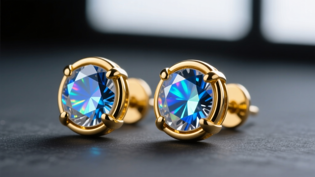 Macro shot of bezel-set rainbow moonstone stud earrings in 14k yellow gold, showing vivid blue adularescent flash on dark slate