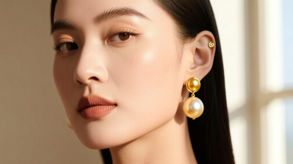 Profile of a woman wearing 12mm golden South Sea pearl drops, highlighting 18-gauge screw backs and warm golden overtones.