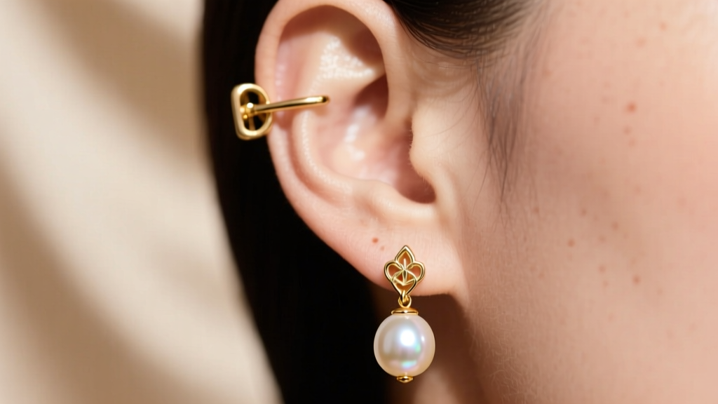 Macro shot of an ear wearing a 14k gold French clip earring with a pearl drop, softly lit against a blurred beige background.