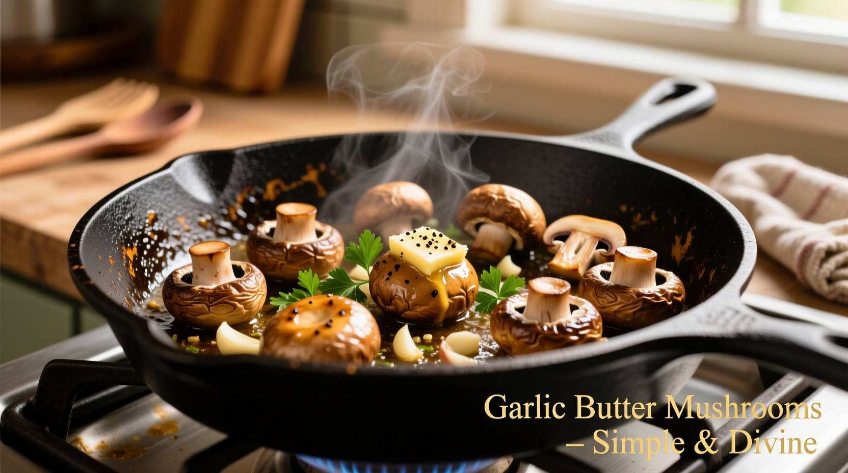 Golden brown garlic butter mushrooms in cast iron skillet