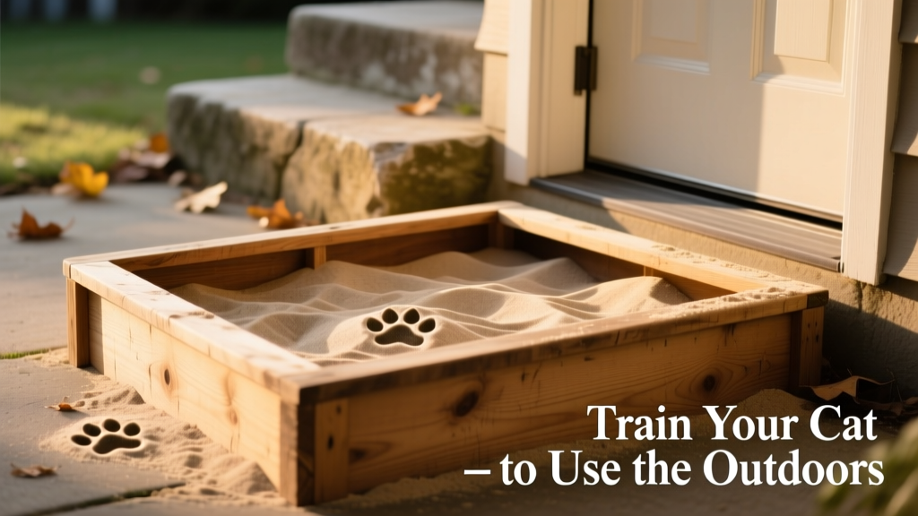 Close-up of a simple wooden-framed sandbox with sand, placed just outside a pet door