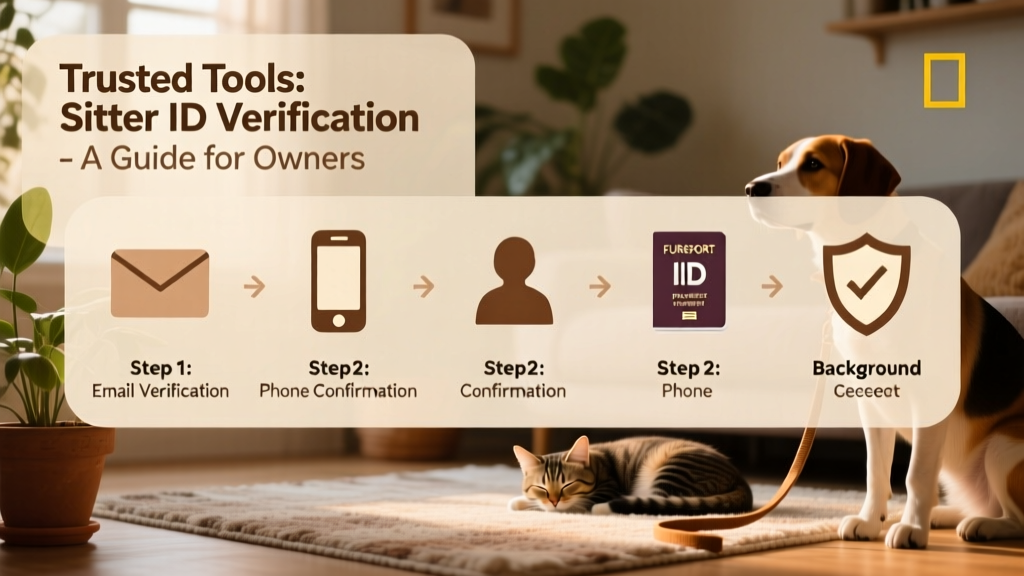 Infographic illustrating the five-step FurPetVo ID verification process with icons for email, phone, reference, ID document, and background check